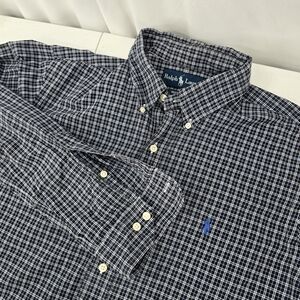 Ralph Lauren Custom Fit Black Blue Plaid Button Down Long Sleeve Mens Size 16 L.